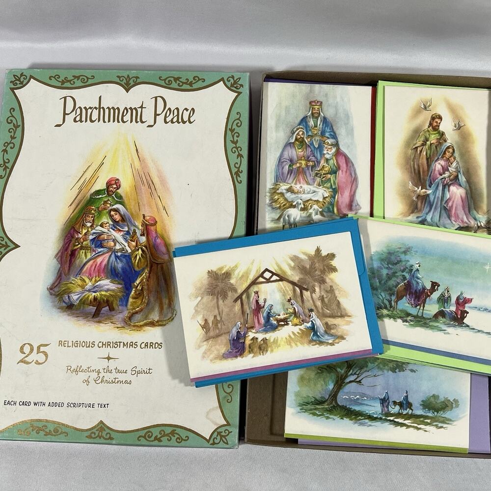 Vintage Lot of 27 Parchment Peace Religious Christmas Cards 1950s 1960s Nativity
